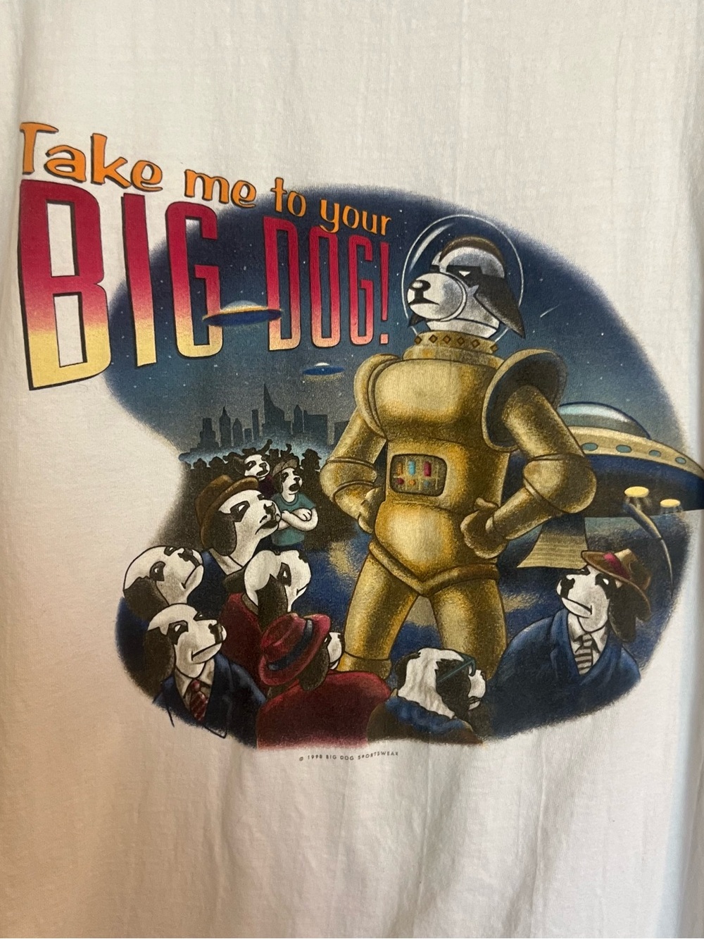 Big Dogs White Graphic Tee with Gold Astronaut and Red Lettering